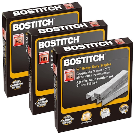 Bostitch Premium Heavy Duty Staples, 3/8in., 1000 Per Pack, 3 Packs, 3000PK SB353/8-1M